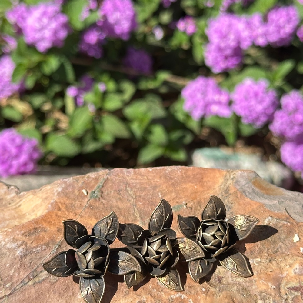 Antique Brass Floral Rose Brooch Trio - Bronze Toned Flower Pin 3” x 1”